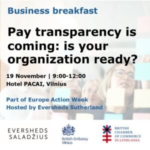 Poster for the business breakfast Pay Transparency is Coming, 19 November 2026 at Hotel PACAI, Vilnius