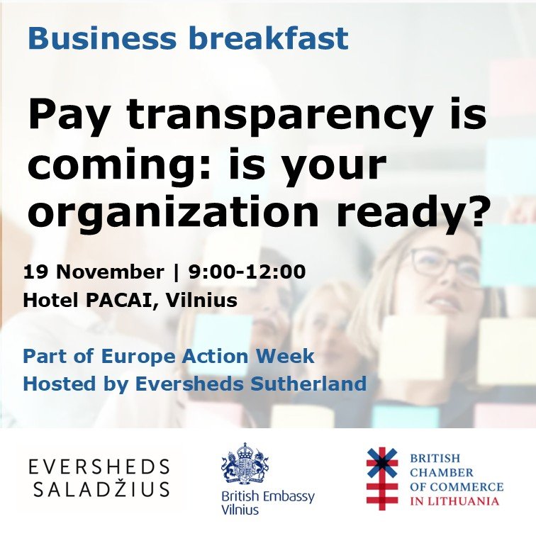 Poster for the business breakfast Pay Transparency is Coming